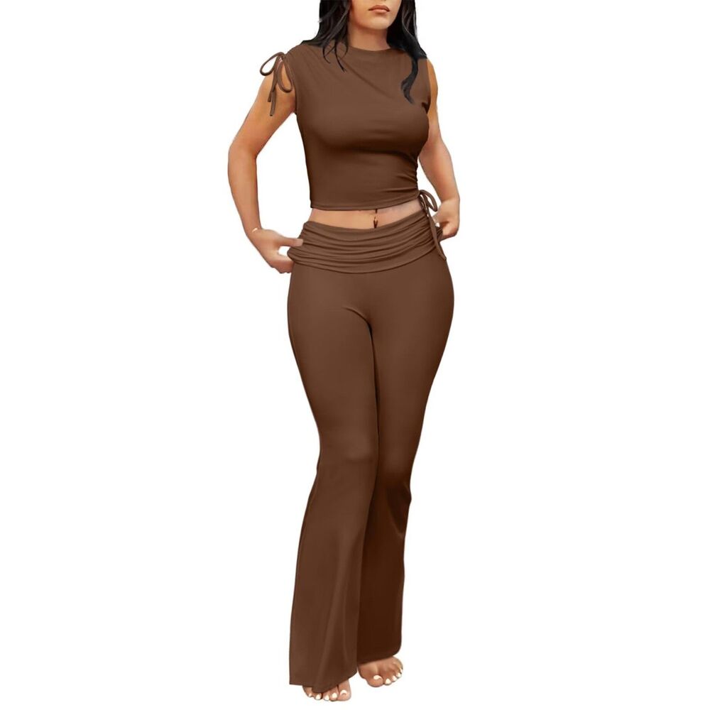 Y2K Sexy Two Piece Foldover Wide Leg Pants With Cropped Tops Matching Sets